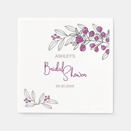 Serviette En Papier Fête des mariées minimale Purple Berries Feuilles (Devant)