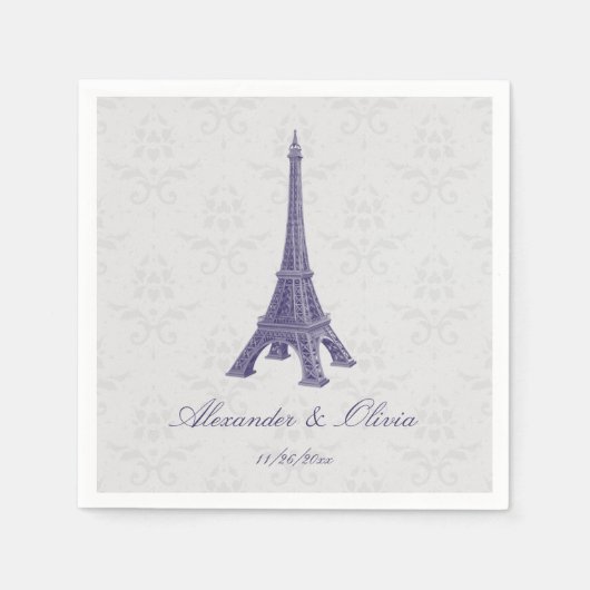 Serviette En Papier Fête des mariées pourpre Tour Eiffel Damas (Devant)