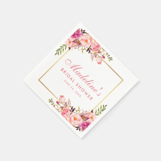Serviette En Papier Fête des mariées Rose Blush Gold Frame Floral (Coin)