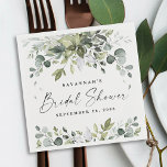 Serviette En Papier Fête des mariées Verdure Elégante Aquarelle Bohème<br><div class="desc">Le design présente d'élégants eucalyptus,  des branches d'oliviers et d'autres éléments feuillus. "Fête des mariées" est imprimé dans une police design moderne entourée de quelques petits feuilles en chute.</div>