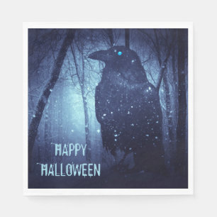 Serviette En Papier Fête d'Halloween Corbeau Noir Corneille Forêt Bleu