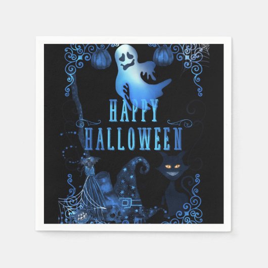 Serviette En Papier Fête d'Halloween magique Noir Chat Bleu Lumière (Devant)