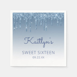 Serviette En Papier Fête Douce 16 Ans Paillettes Bleues qui Dégoulinen