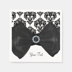 Serviette En Papier Fête Douce 16 Bling Bow Glam Damassé Noir et Blanc