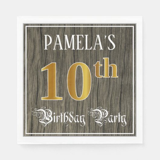 Serviette En Papier Fête du 10e anniversaire — Faux Gold & Faux Wood L (Devant)