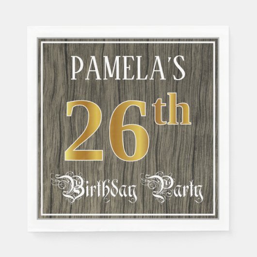 Serviette En Papier Fête du 26e anniversaire — Faux Gold & Faux Wood L (Devant)
