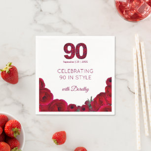 Serviette En Papier Fête élégante de 90 ans Fleurs rouges Floral 90 an