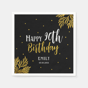 Serviette En Papier Fête élégante joyeux 90e anniversaire or feuillage