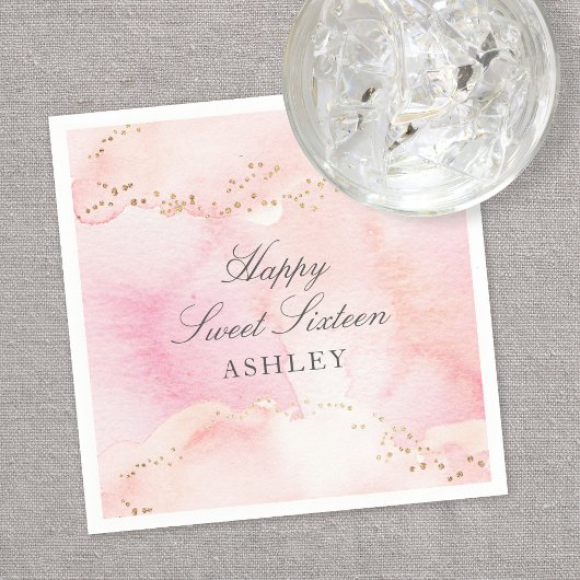 Serviette En Papier Fête élégante rose poudré aquarelle paillettes dor