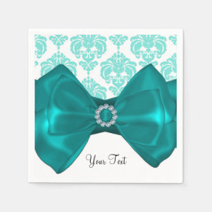 Serviette En Papier Fête Glamour Bow à paillettes en damas sarcelle et
