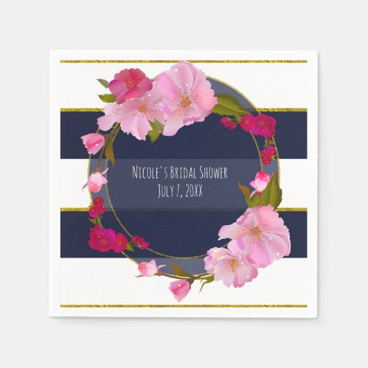 Serviette En Papier Fête Moderne Florale Chic Glam Bleu Blanc et Or (Devant)