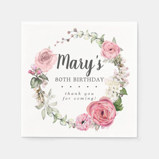 Serviette En Papier Fête Rustique rose 80e anniversaire (Devant)