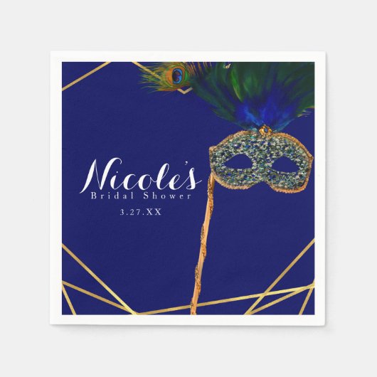 Serviette En Papier Fête sur mesure Masque Paon Bleu & Or (Devant)