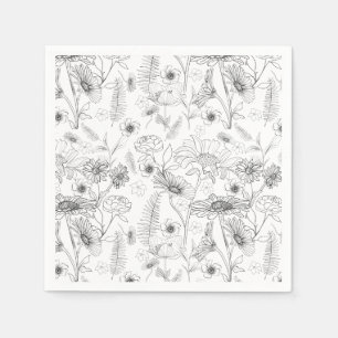 Serviette En Papier Feuillage de fleur rose noir et blanc