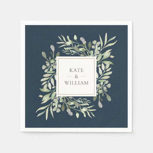 Serviette En Papier Feuillage de verdure bleu or mariage Deep Sea (Devant)