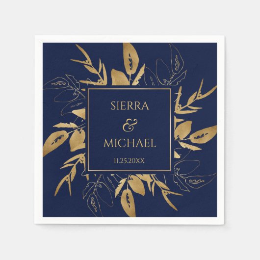 Serviette En Papier Feuillage doré | Elegant Mariage bleu marine or (Devant)