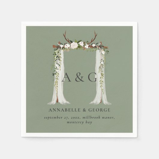 Serviette En Papier Feuillage rustique blanc mariage à baguette de cer (Devant)