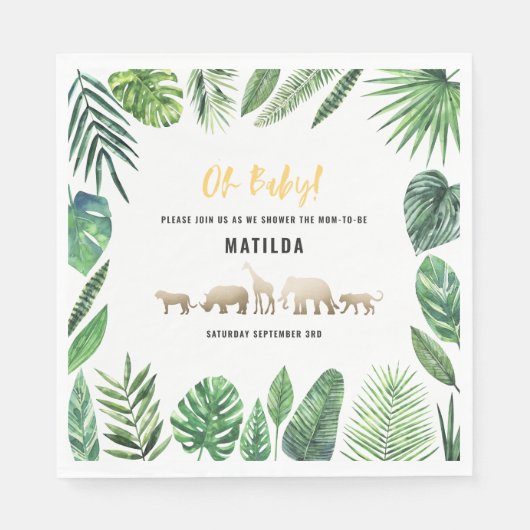 Serviette En Papier Feuillage tropical + animaux d'or baby shower (Devant)