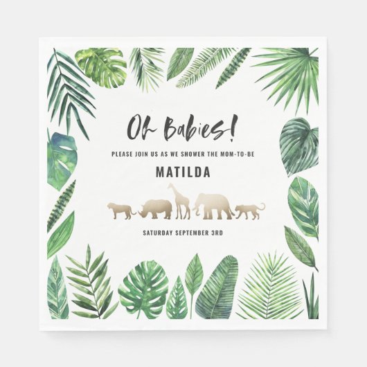 Serviette En Papier Feuillage tropical + animaux d'or baby shower (Devant)