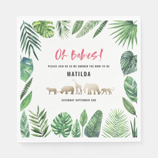Serviette En Papier Feuillage tropical + animaux d'or baby shower (Devant)