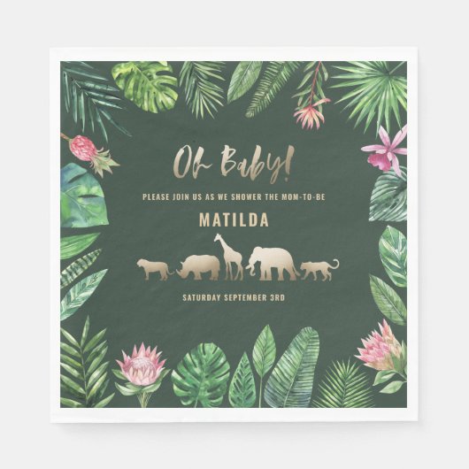 Serviette En Papier Feuillage tropical + animaux d'or baby shower (Devant)