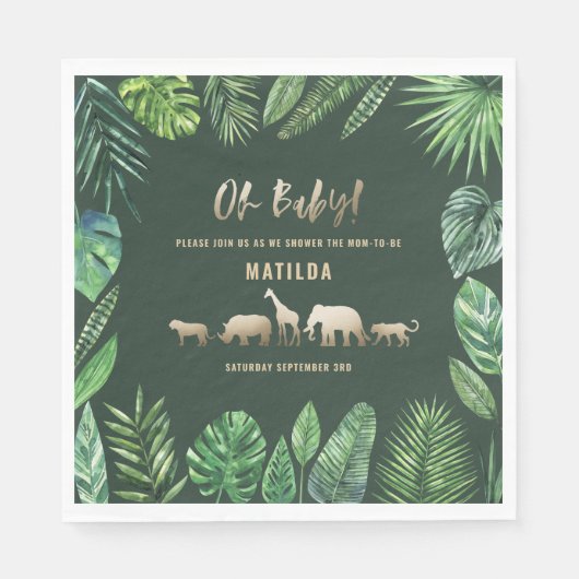 Serviette En Papier Feuillage tropical + animaux d'or baby shower (Devant)