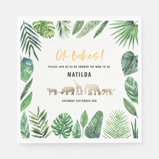 Serviette En Papier Feuillage tropical + animaux d'or baby shower (Devant)