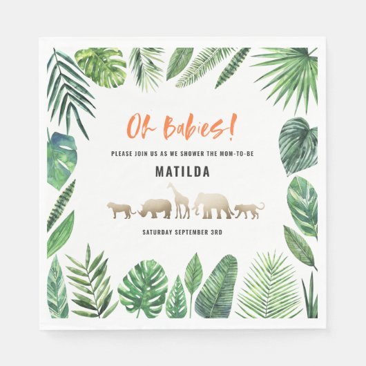 Serviette En Papier Feuillage tropical + baby shower jumeau d'animaux  (Devant)