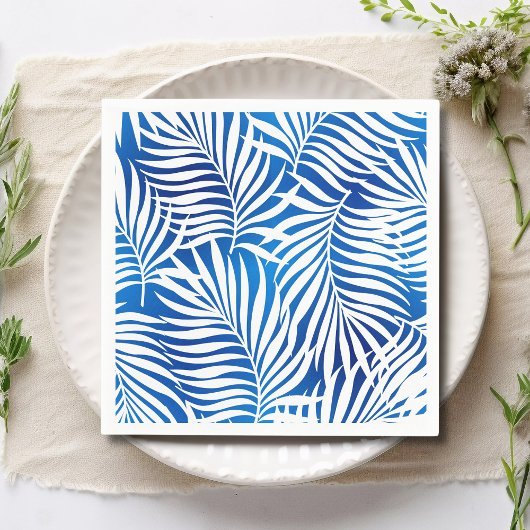 Serviette En Papier Feuillage Tropical Bleu Et Blanc | Floral