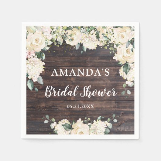 Serviette En Papier Feuillage verdure bois rustique boho roses blanche (Devant)