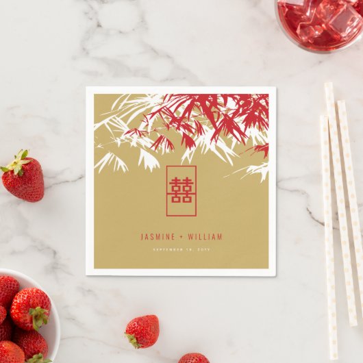Serviette En Papier Feuille bambou rouge/or Double Xi Mariage chinois (En situation)
