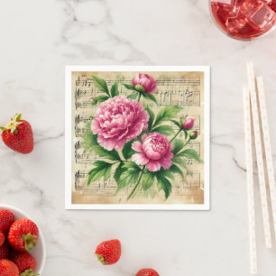 Serviette En Papier Feuille de musique vintage rose et vert Peonies Dé