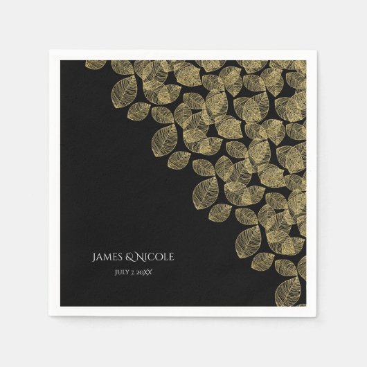 Serviette En Papier Feuille d'or Noir Automne Mariage d'élégance (Devant)