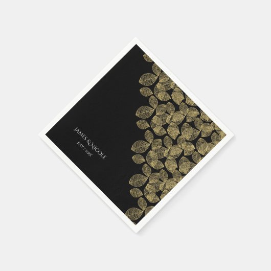 Serviette En Papier Feuille d'or Noir Automne Mariage d'élégance (Coin)