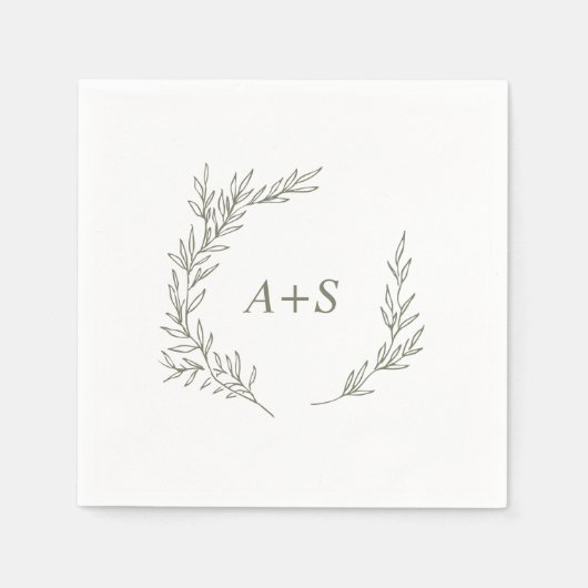 Serviette En Papier Feuille minimale | Mariage de monogramme vert oliv (Devant)