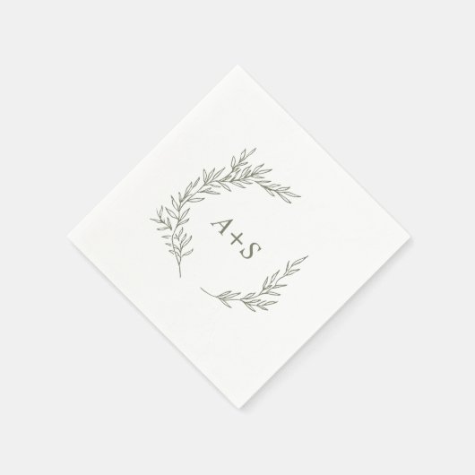 Serviette En Papier Feuille minimale | Mariage de monogramme vert oliv (Coin)
