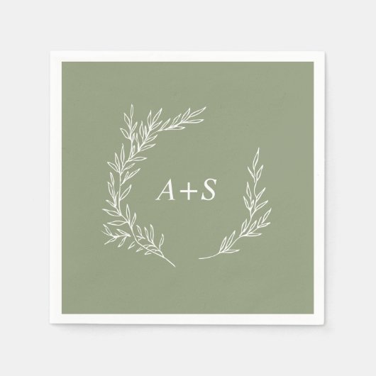 Serviette En Papier Feuille minimale | Mariage de monogramme vert Sage (Devant)