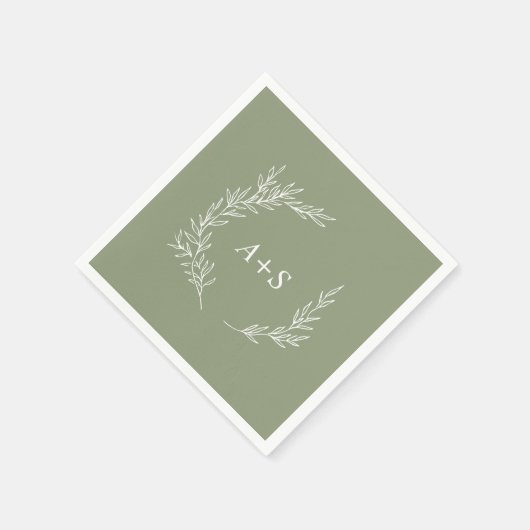 Serviette En Papier Feuille minimale | Mariage de monogramme vert Sage (Coin)