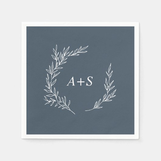 Serviette En Papier Feuille minimale | Mariage Monogramme bleu ardoise (Devant)