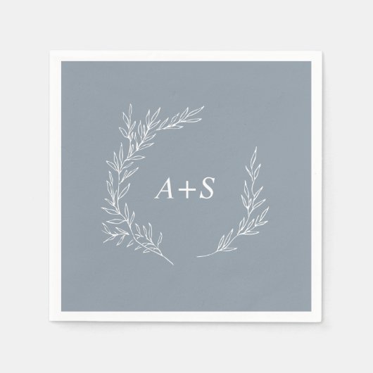 Serviette En Papier Feuille minimale | Mariage Monogramme bleu et blan (Devant)