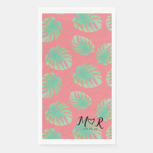 Serviette En Papier Feuille Tropicale de Monstera Logo Mariage Rose Ve (Devant)