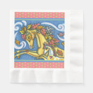 SERVIETTE EN PAPIER FEUILLES D'AUTOMNE COLORÉES SUR CHEVAL ET POULAIN