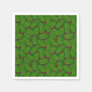 Serviette En Papier Feuilles de pin vert de Noël, cônes et baies rouge