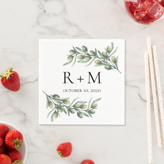 Serviette En Papier Feuilles d'olive aquarelle. Mariage d'été italien (En situation)
