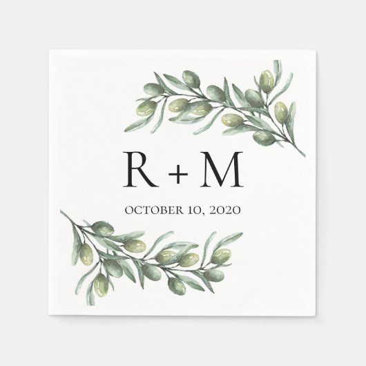Serviette En Papier Feuilles d'olive aquarelle. Mariage d'été italien (Devant)