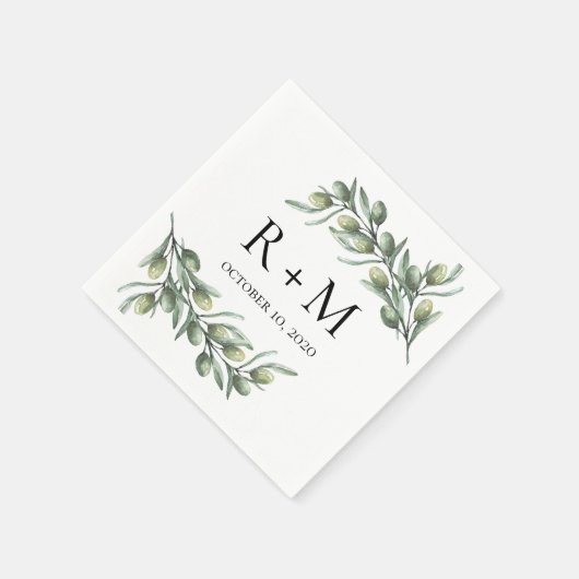 Serviette En Papier Feuilles d'olive aquarelle. Mariage d'été italien (Coin)