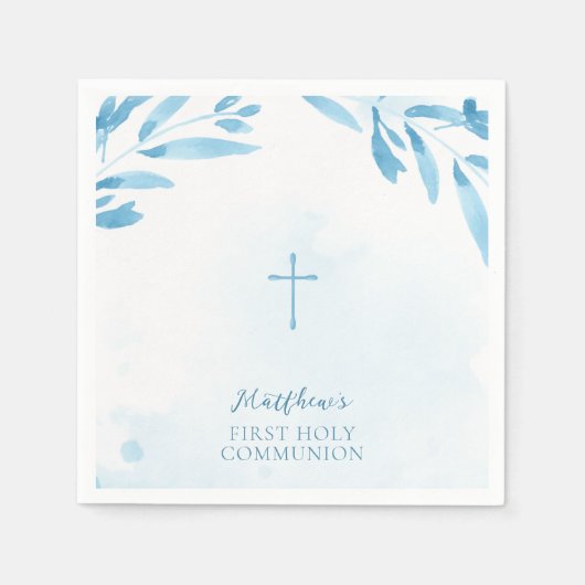 Serviette En Papier Feuilles et croix de couleur bleu communion (Devant)