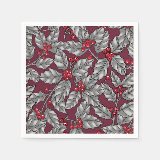 Serviette En Papier Feuilles gris sur rouge foncé (Devant)