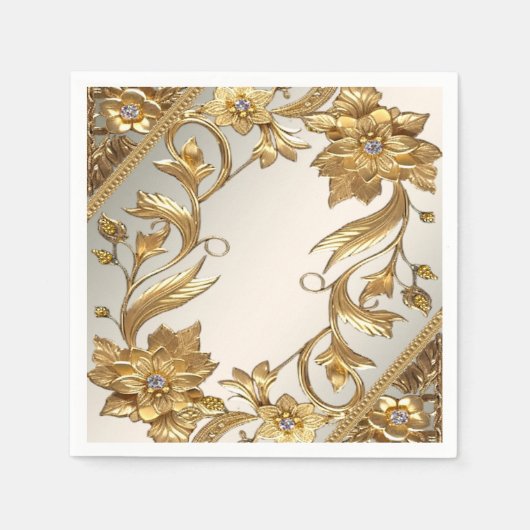 Serviette En Papier Feuilles Ondulées Fleuries Dorées (Devant)