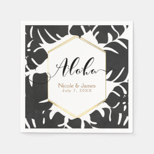 Serviette En Papier Feuilles Tropicales Noires Mariage Blanc et Or